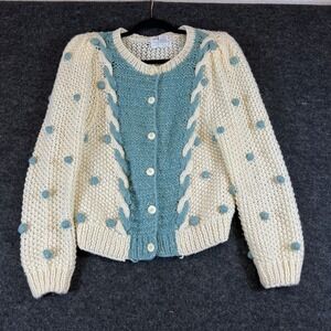 VTG 80s Jack Winter Petites Hand Knit Pom Pom Cardigan Sweater Cream Blue Small